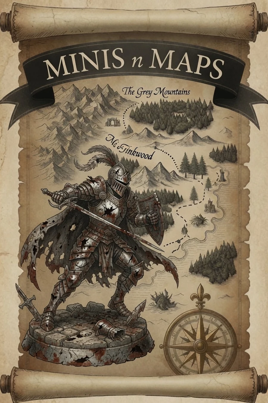 A knight miniature standing on a rolled-out map of the Grey Mountains, drawn in the style of an old adventuring chart